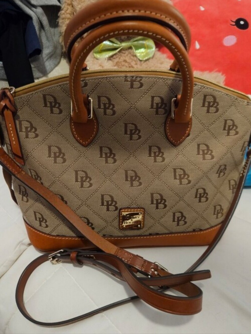 Dooney & Bourke Adorable 2-Way Tan & Beige Signature DB Dome Satchel